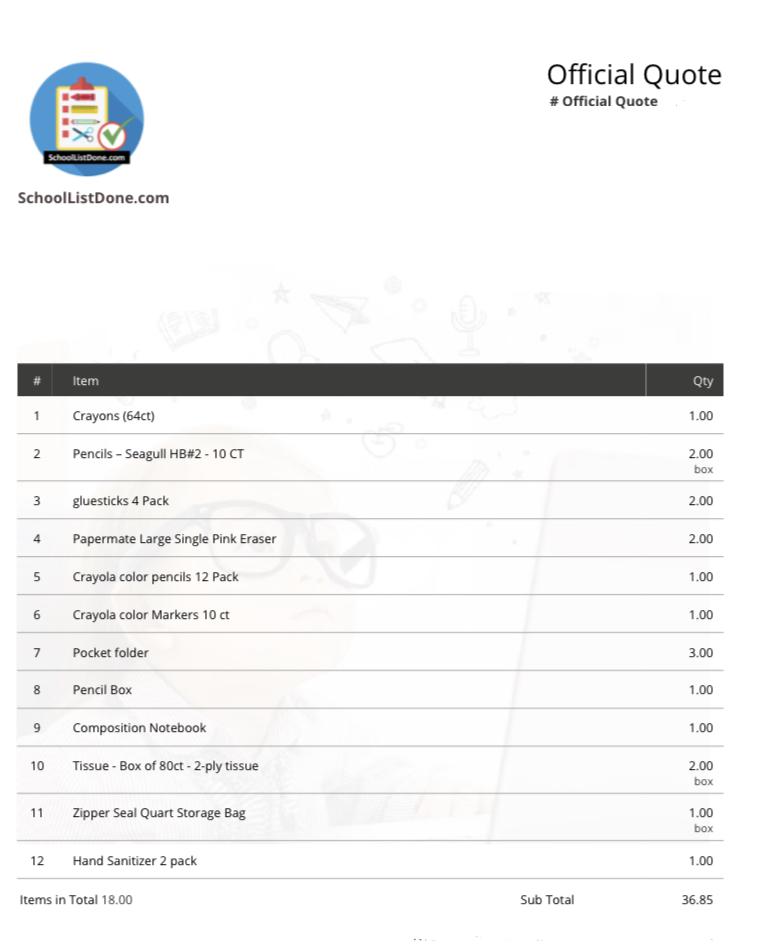 1st Grade School Supply Bundle V.E.C schoollistdone.com