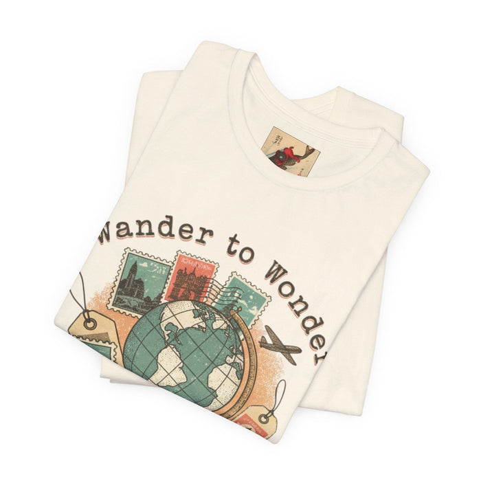 Wander to Wonder Travel Stamps Tee | retro travel tee, passport stamp T-Shirt Printify 