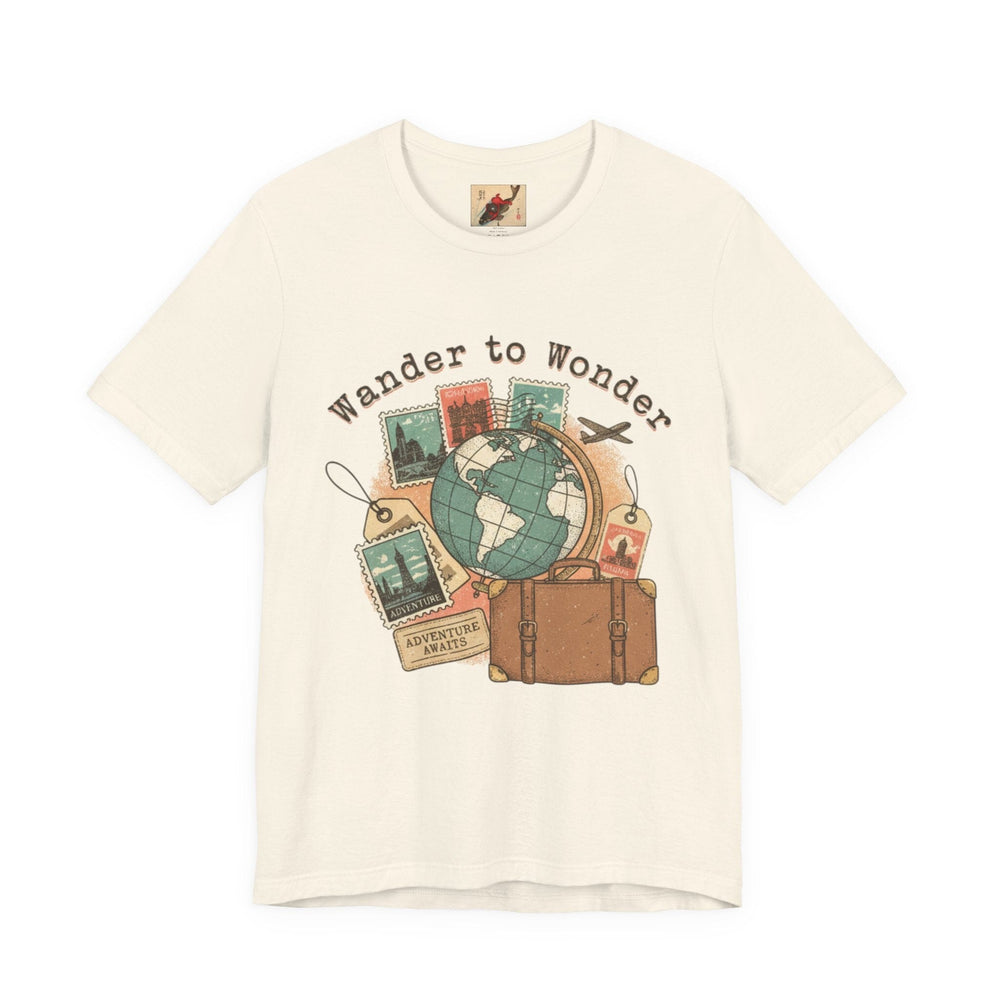 Wander to Wonder Travel Stamps Tee | retro travel tee, passport stamp T-Shirt Printify Natural S 