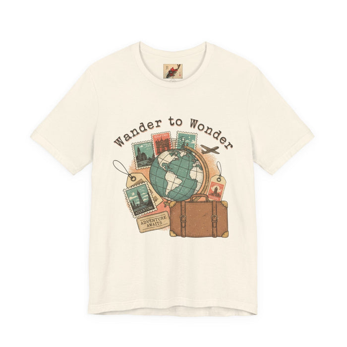 Wander to Wonder Travel Stamps Tee | retro travel tee, passport stamp T-Shirt Printify Natural S 