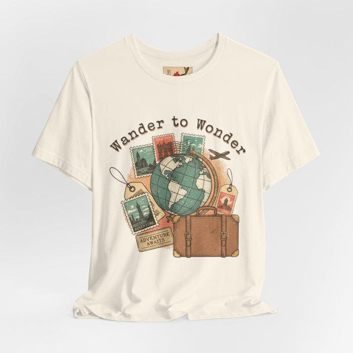 Wander to Wonder Travel Stamps Tee | retro travel tee, passport stamp T-Shirt Printify 