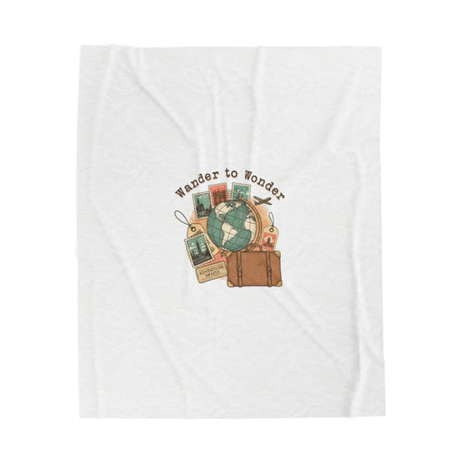 Wander to Wonder Travel Postcard Design Velveteen Blanket | vintage travel stamps, passport stamp All Over Prints Printify 50" × 60" 