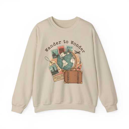 Wanderlust Passport Stamps Crewneck, retro travel postcard vintage, vacation vibes Sweatshirt Printify Sand S 
