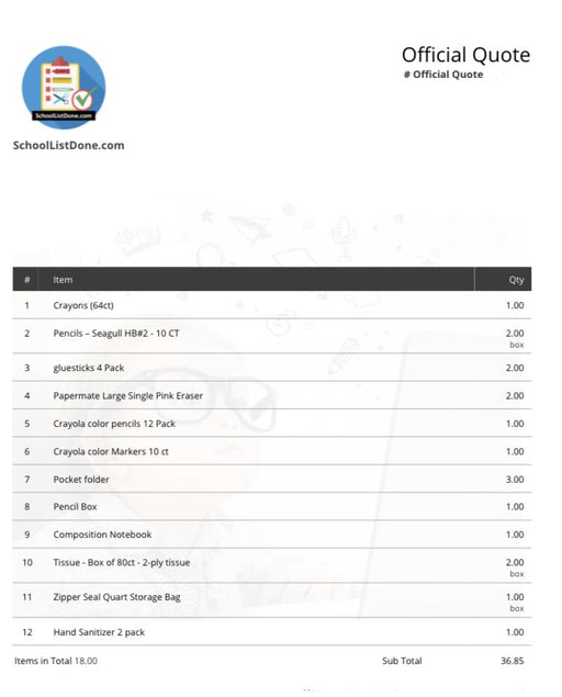 1st Grade School Supply Bundle V.E.C schoollistdone.com 